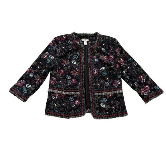Loft Outlet Black Floral Fringe Embroidered 3/4 Sleeve Open Front Blazer Size 8 - Picture 7 of 12